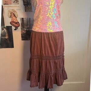 Y2K Xhilaration Brown Cotton Tiered Midi Skirt